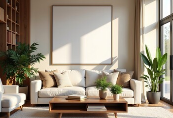 Naklejka premium Blank A2 Poster Mockup: Elegant Living Room, Natural Light, Plants, Cream Walls, Beige Carpet, Wooden Coffee Table, Books, Houseplants, Minimalist Aesthetic, Cozy Ambiance.