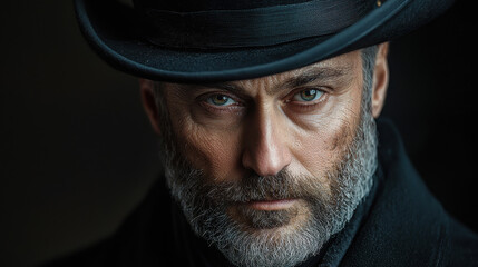 Man in a formal black 18th-century top hat reflects deeply against a historical backdrop with subtle, soft lighting creating a classic ambiance
