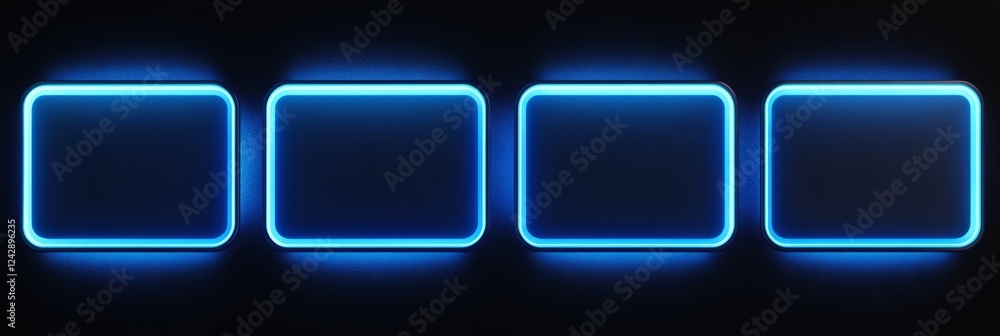 Poster bright neon banner background featuring four glowing rectangular frames ideal for digital displays a