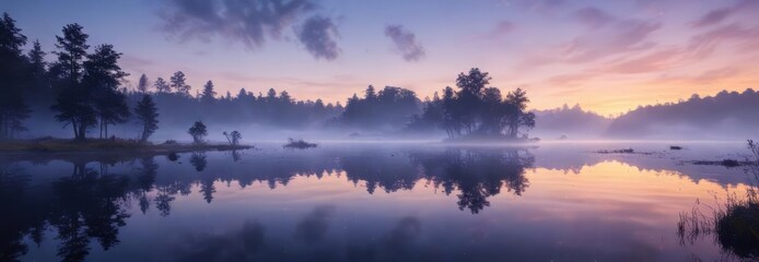 Fototapeta premium Vortex of indigo mist swirls above a serene lake at dawn, blues, lake