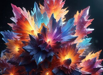 Voluminous crystal formations radiating vibrant colors, fantastical, surreal, vibrant colors
