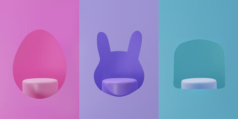 3D-rendered set of podium with an abstract Easter egg, bunny and panettone-shaped, backdrop. Perfect collection for festive product displays, seasonal promotions. Three-dimensional vector illustration