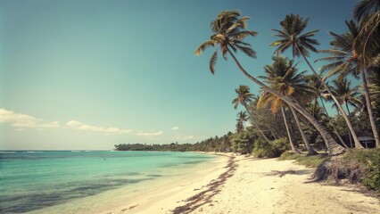 Obraz premium Vintage postcard-style illustration of a tropical beach with swaying palms and turquoise water, distressed, texture, trees, film, waves