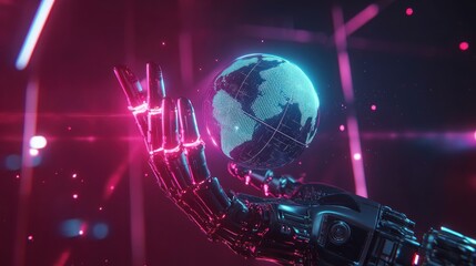 Robotic Hand Gently Holding A Digital Globe
