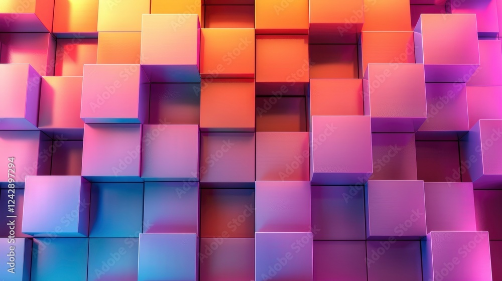 Poster 3d rendering of abstract geometric background with cubes in purple and orange colors
