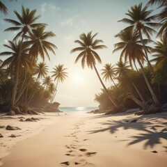 Obraz premium Vintage distressed film tone of tropical sandy beach with palm trees, palm trees, nostalgia