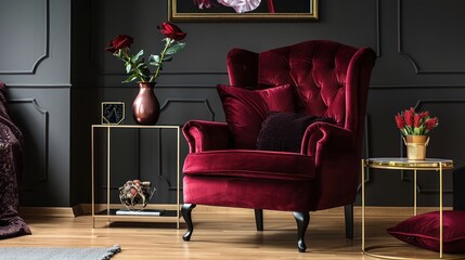 Sophisticated Scandinavian Living Room Decor with Vintage Crimson Red Velvet Armchair, Burgundy Throw Pillows, Gold Side Table, and Black Wall Art