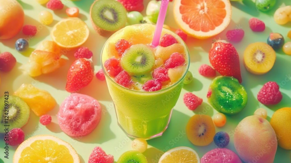 Poster refreshing green smoothie with assorted fruits