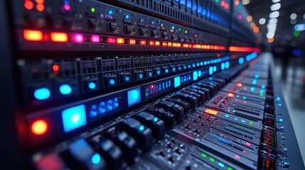 Close-up view of illuminated server racks in a data center showcasing vibrant LED indicators