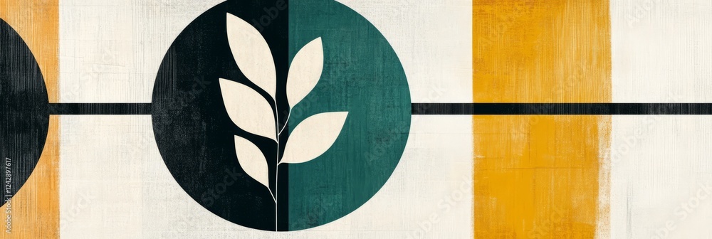 Poster decorative banner with circular patterns and leaf design in bold colors suitable for various backgro