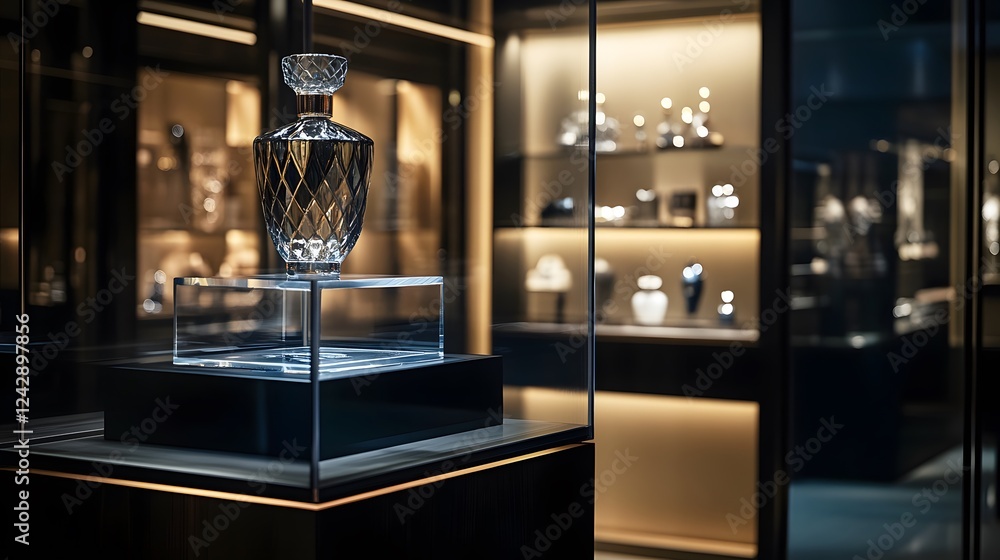 Poster a product placed on a display pedestal with focused lighting highlighting its details in an elegant 