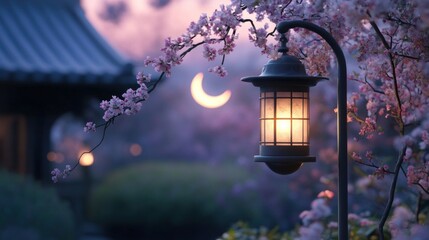 Illuminated Lantern Amongst Blooming Cherry Blossoms at Dusk