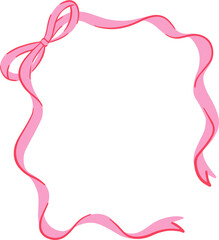Bow frame with pink ribbons. Vintage hand drawn border for cute invitation card. Coquette drawing for Valentine and birthday decoration or elegant menu. Lovely girly illustration