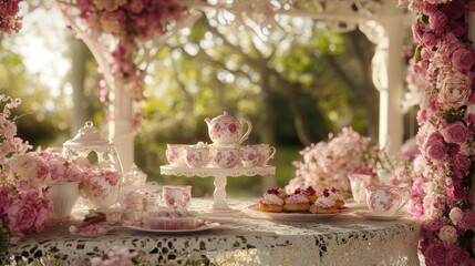 Enchanting Tea Party for Two with Heart-Shaped Cups and Floral Pastries in a Fairy-Tale Setting