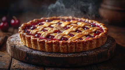 Freshly baked cherry pie with a golden lattice crust evokes warmth and comfort on a rustic wooden table in cozy surroundings