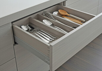 Inside of opened kitchen drawer with various utensils and cutlery set, kitchen modern interior detail, closeup shot