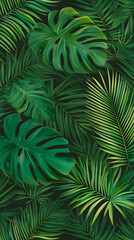 Tropical jungle background with lush green palm leaves. Dark jungle texture with palm tree foliage for a tropical forest nature concept