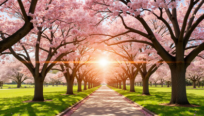 Blossoming cherry trees framing sunrise pathway, symbolizing harmony