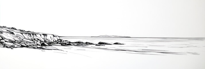 Rocky Coastline Sketch Showing Ocean and Distant Hills
