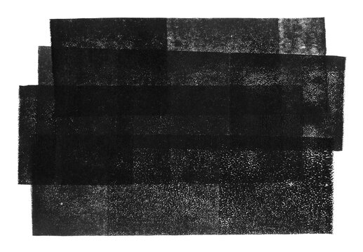 Linocut, relief printing layered rectangle grungy texture. Black and white artistic linocutting text background, uneven geometric edge. Paint roller stains, textured lino ink remains