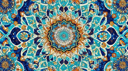 Symmetrical Kaleidoscope Mandala: A Vibrant Mosaic of Turquoise, Gold, and Blue Hues
