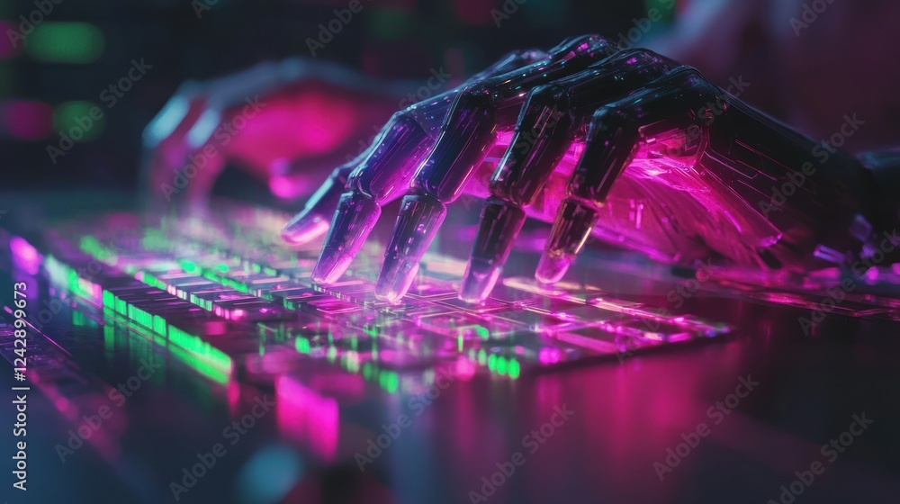 Poster robotic hands typing on a neon keyboard