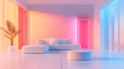 Futuristic smart home interior features voice-controlled lighting and holographic displays in a minimalistic and modern design
