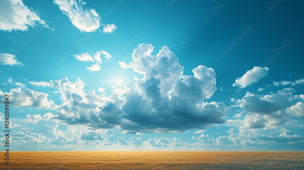 Poster a stunning view reveals golden fields extending towards the horizon, bathed in sunlight. fluffy clou