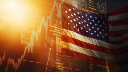 American flag waving over financial graphs, symbolizing national pride and economic growth