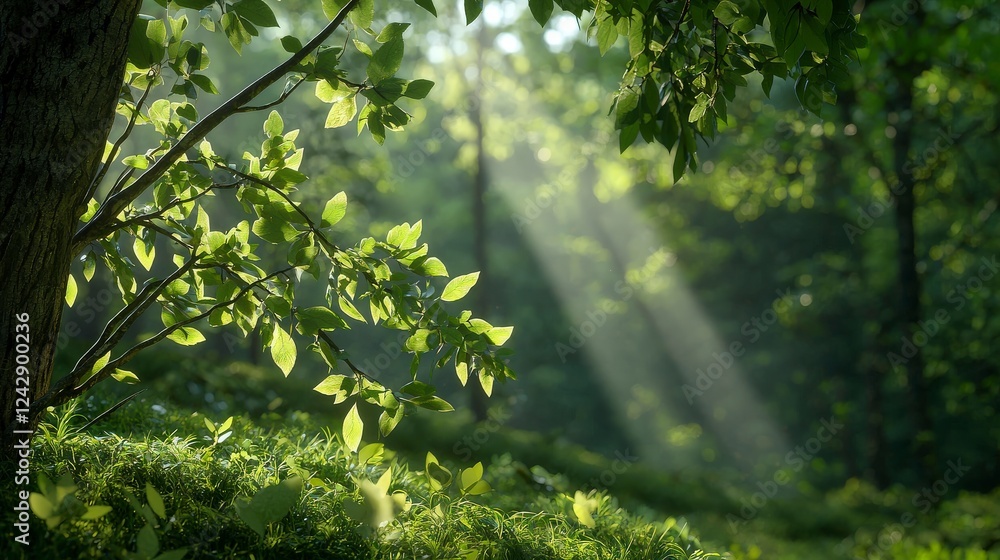 Poster sunlight filtering through leaves in a serene forest setting creating a tranquil and lush atmosphere