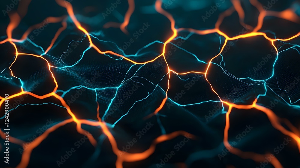 Poster the image shows an abstract representation of a dark, undulating surface with glowing, branching lin