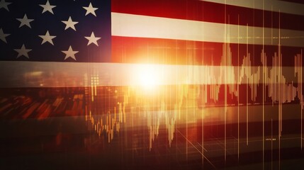 Vibrant american flag with financial graphs and sunlight, symbolizing growth and national pride