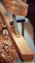 The photo captures a woodworking hobbyist carefully carving a piece of mahogany with a chisel. The rich, reddish-brown wood shavings curl up as precise hands shape the fine hardwood, showcasing.