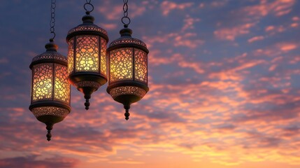 Obraz premium Illuminated Ramadan Lanterns Against a Sunset Sky