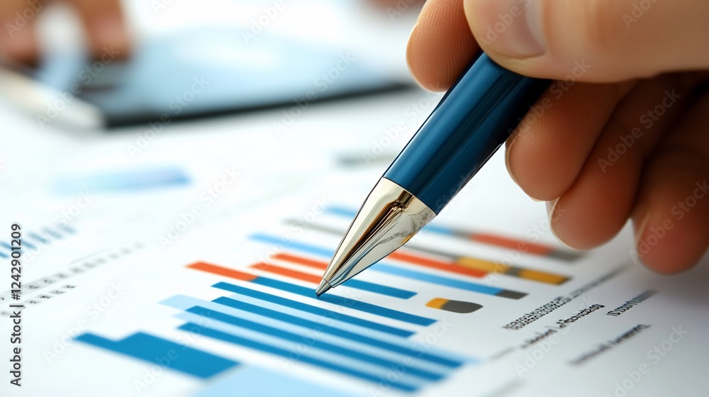 Poster close up of a hand holding a pen analyzing business data charts and graph