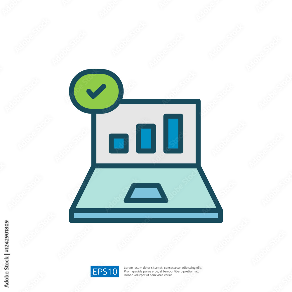 Poster illustration of laptop displaying data analysis with growth charts and success check mark icon in mo