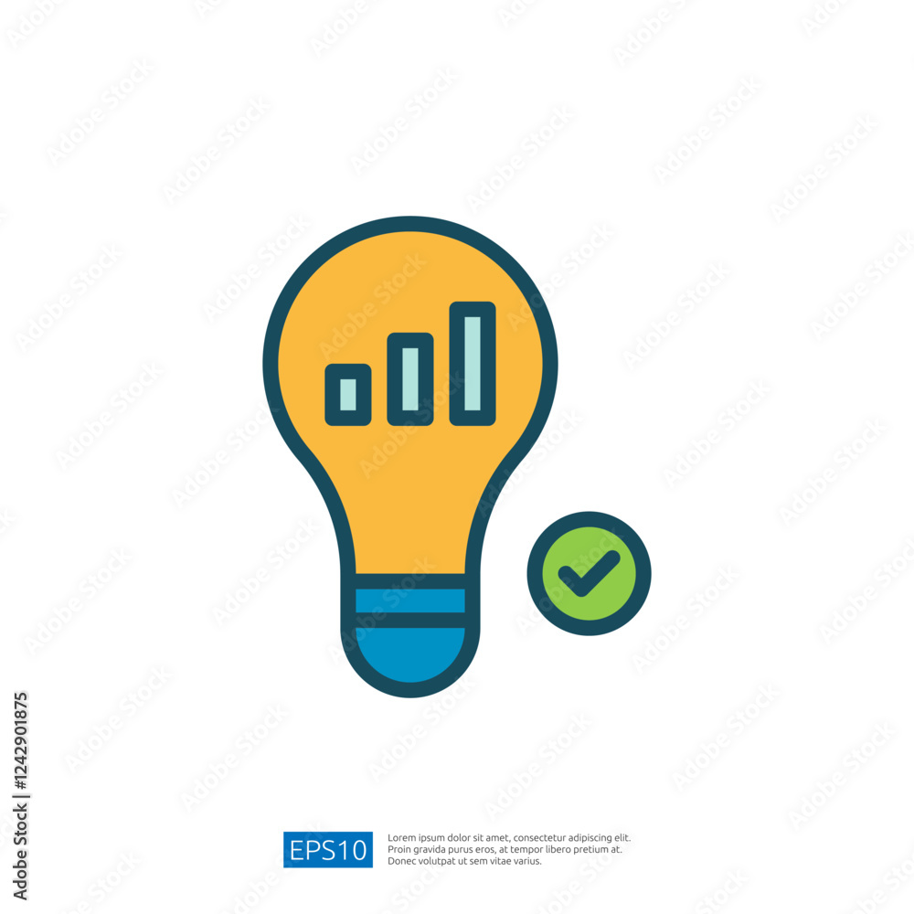 Poster light bulb with growth graph and check mark symbol representing successful data analysis and innovat