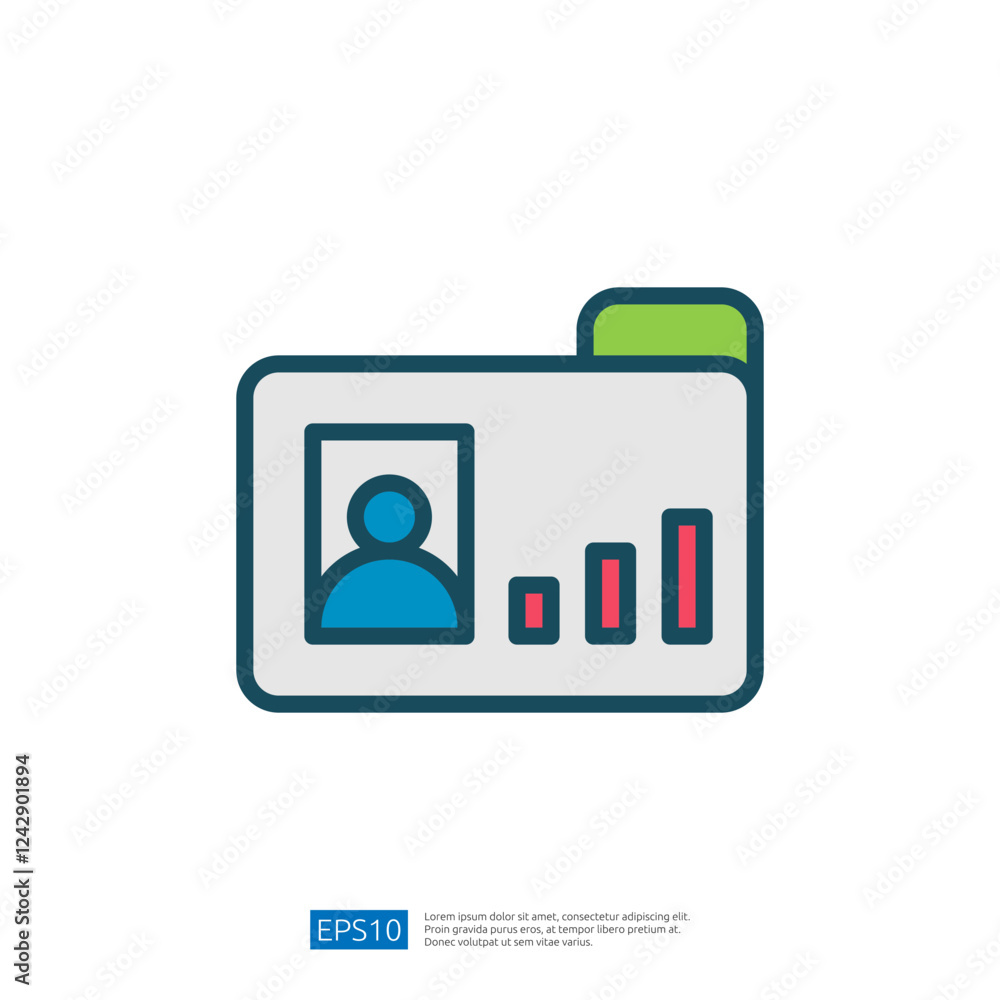Poster data analysis icon featuring business card with profile and growth metrics visual representation for