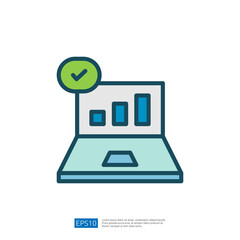 Illustration of Laptop Displaying Data Analysis with Growth Charts and Success Check Mark Icon in Modern Business Environment