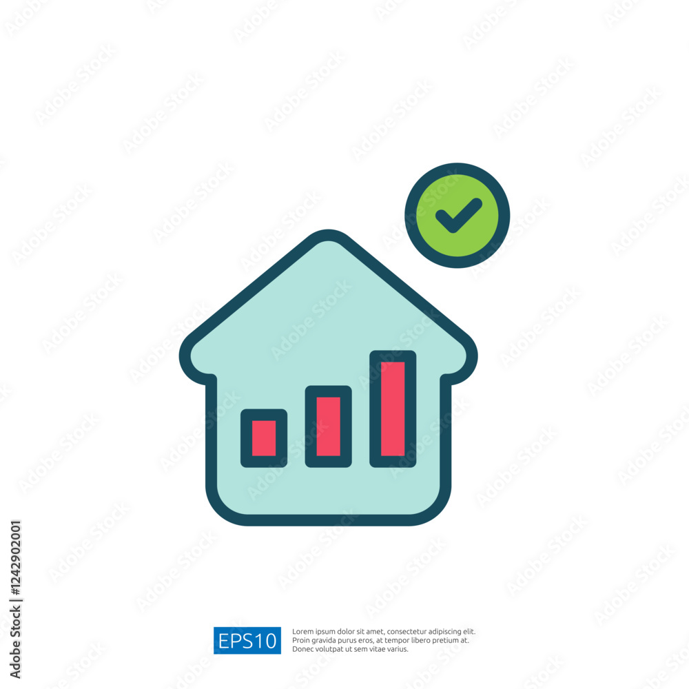 Poster data analysis icon representing growth in housing market with checkmark signifying positive metrics