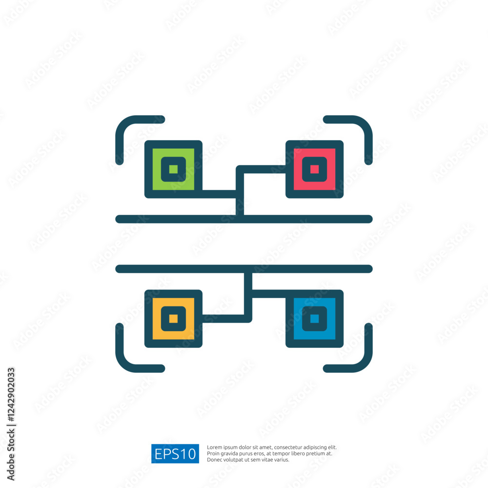 Poster abstract colorful data analysis structure with connected blocks and nodes representing digital infor