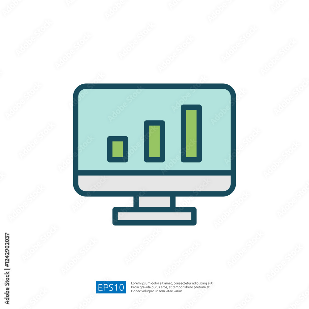 Poster illustration of computer monitor displaying growth graph in a professional data analysis workspace e