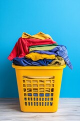 Overflowing laundry basket full of clothes on blue background