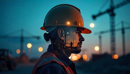 Fototapeta premium Construction Worker Silhouette Cityscape Double Exposure
