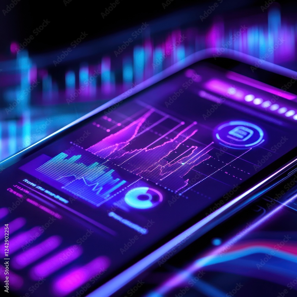 Poster mobile display showing data graphs and charts with glowing purple and blue colors for finance