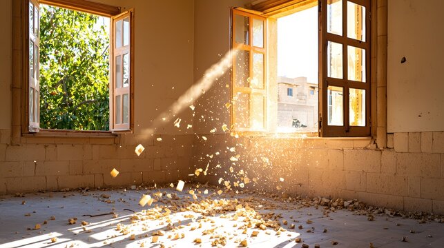 Sunlit Room Demolition Dust and Debris Golden Hour Renovation