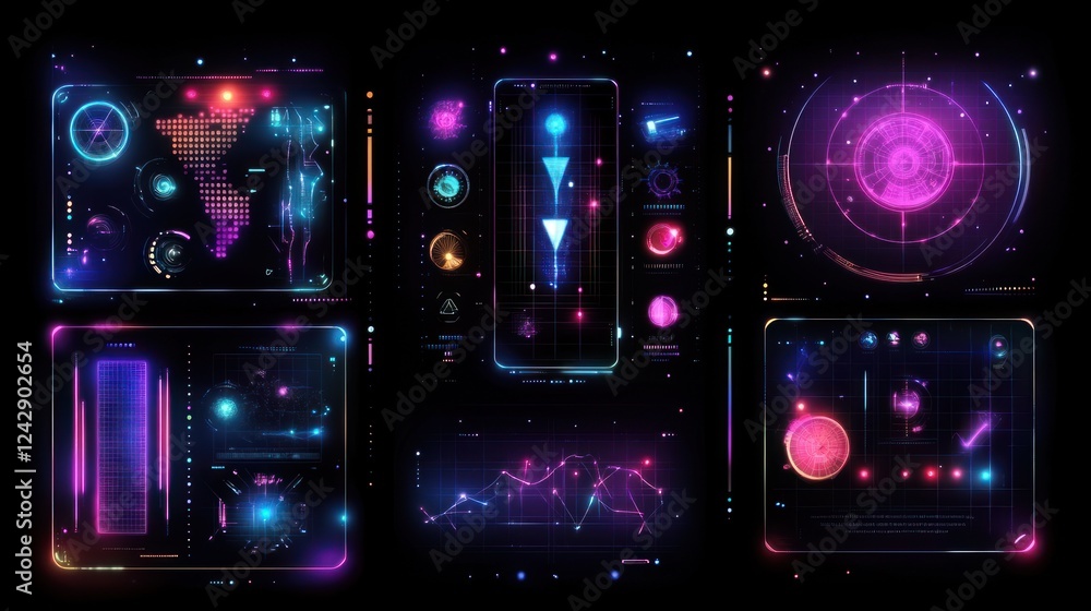 Poster Futuristic Neon Interface Displays Data Graphics Technology