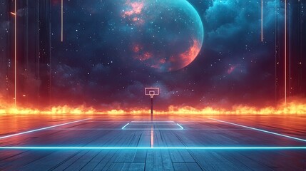 Neon Lit Basketball Court Underneath a Cosmic Sky
