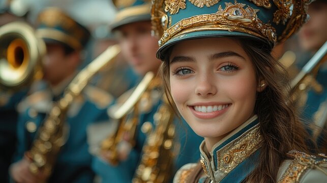 A vibrant marching band parading through the streets with colorful uniforms and instruments, adding rhythm to the May Day celebrations. 