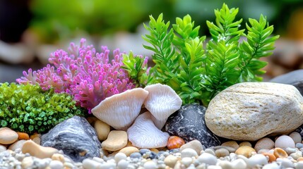 Fototapeta premium Colorful Artificial Coral and Plants Arrangement on Rocks